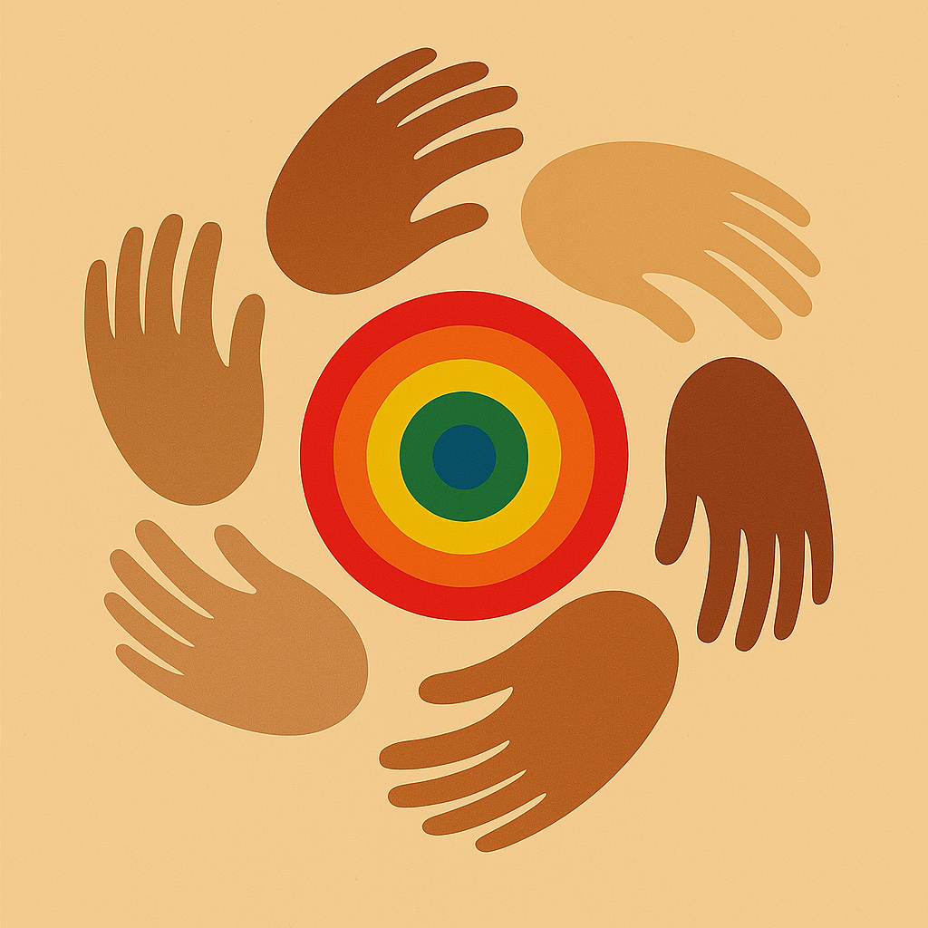Tekening van 6 handen in de vorm van een cirkel, met in het midden een regenboog.